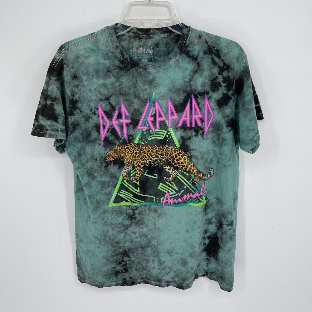 Def Leppard Men's Green Tie Dye Animal Leopard Graphic Rock Band T-Shirt Size M‎